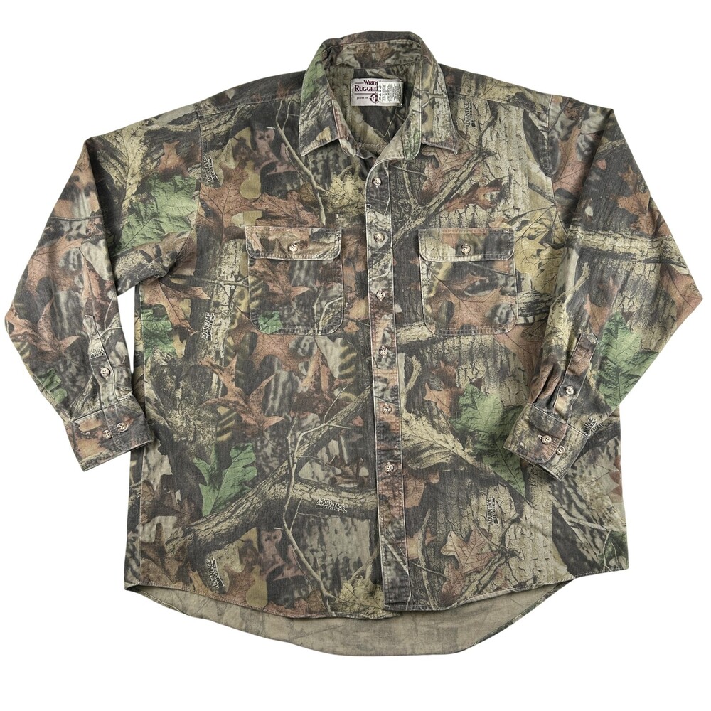Vintage Wrangler Rugged Wear Shirt Mens XL Camo Long Sleeve Flannel Hunting